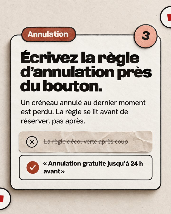 Annulation. Écrivez la règle d’annulation près du bouton. Un créneau annulé au dernier moment est perdu. La règle se lit avant de réserver, pas après. Barré : « La règle découverte après coup ». Validé : « Annulation gratuite jusqu’à 24 h avant ».