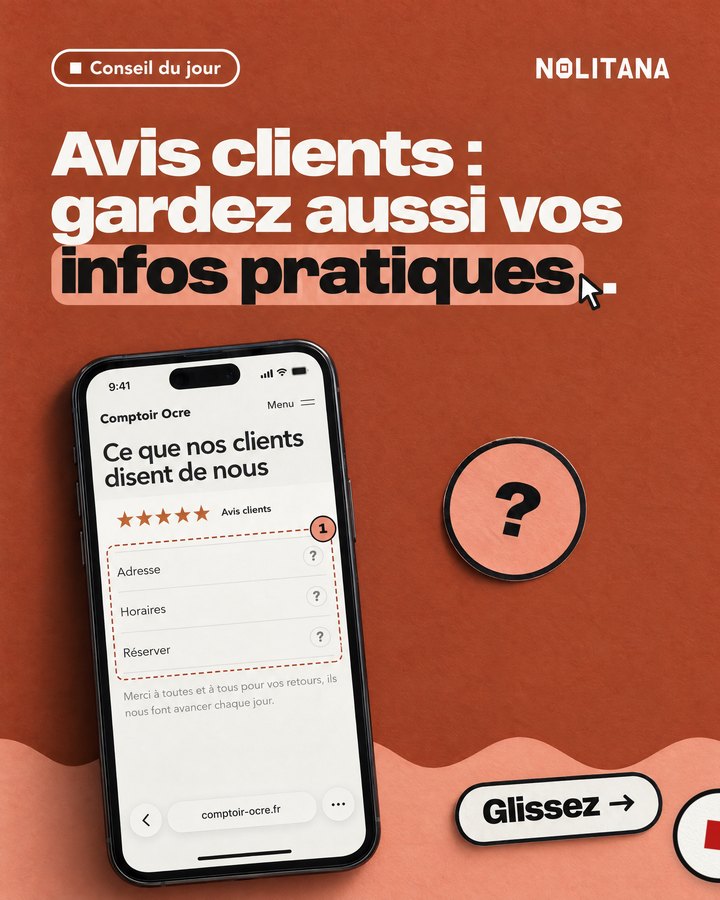Avis clients : gardez aussi vos infos pratiques. Un téléphone affiche le site d’une boutique imaginée pour l’exemple.