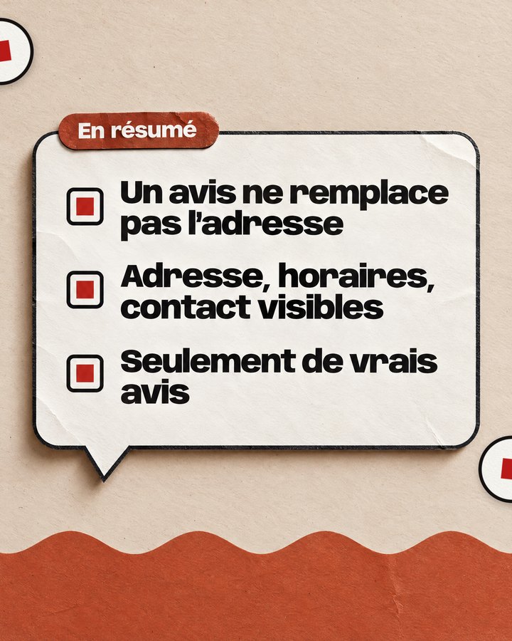 En résumé. Un avis ne remplace pas l’adresse. Adresse, horaires, contact visibles. Seulement de vrais avis.