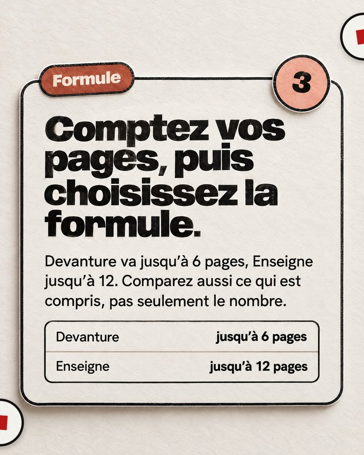 Formule. Comptez vos pages, puis choisissez la formule. Devanture va jusqu’à 6 pages, Enseigne jusqu’à 12. Comparez aussi ce qui est compris, pas seulement le nombre.