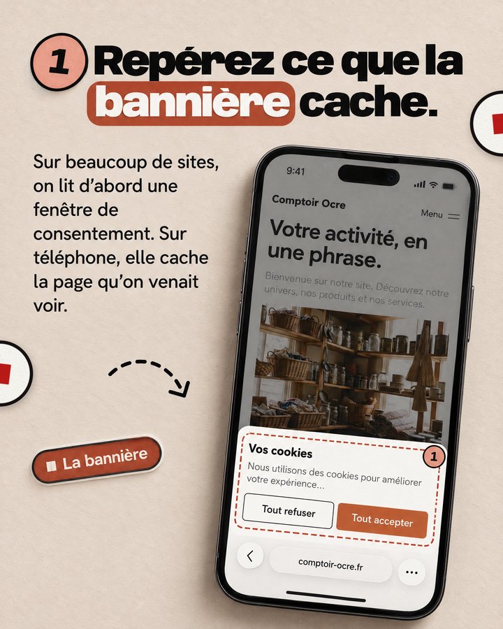 Repérez ce que la bannière cache. Sur beaucoup de sites, on lit d’abord une fenêtre de consentement. Sur téléphone, elle cache la page qu’on venait voir. Un téléphone affiche le site d’une boutique imaginée pour l’exemple.