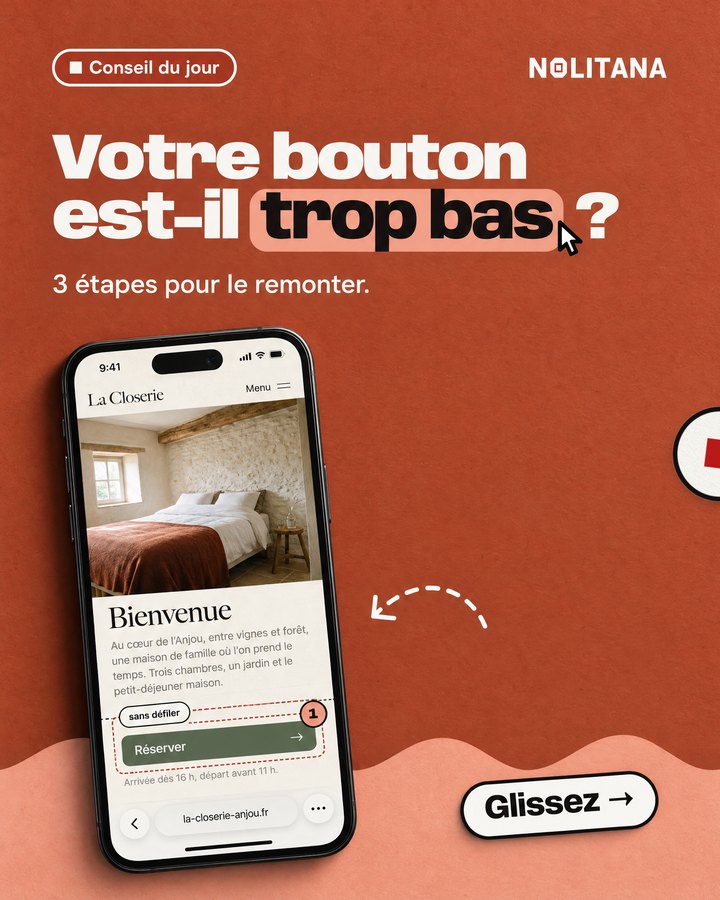 Votre bouton est-il trop bas ? 3 étapes pour le remonter. Un téléphone affiche le site d’une maison d’hôtes imaginée pour l’exemple.