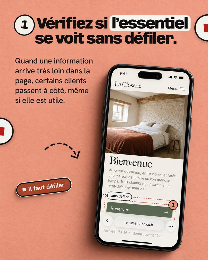 Vérifiez si l’essentiel se voit sans défiler. Quand une information arrive très loin dans la page, certains clients passent à côté, même si elle est utile. Un téléphone affiche le site d’une maison d’hôtes imaginée pour l’exemple.