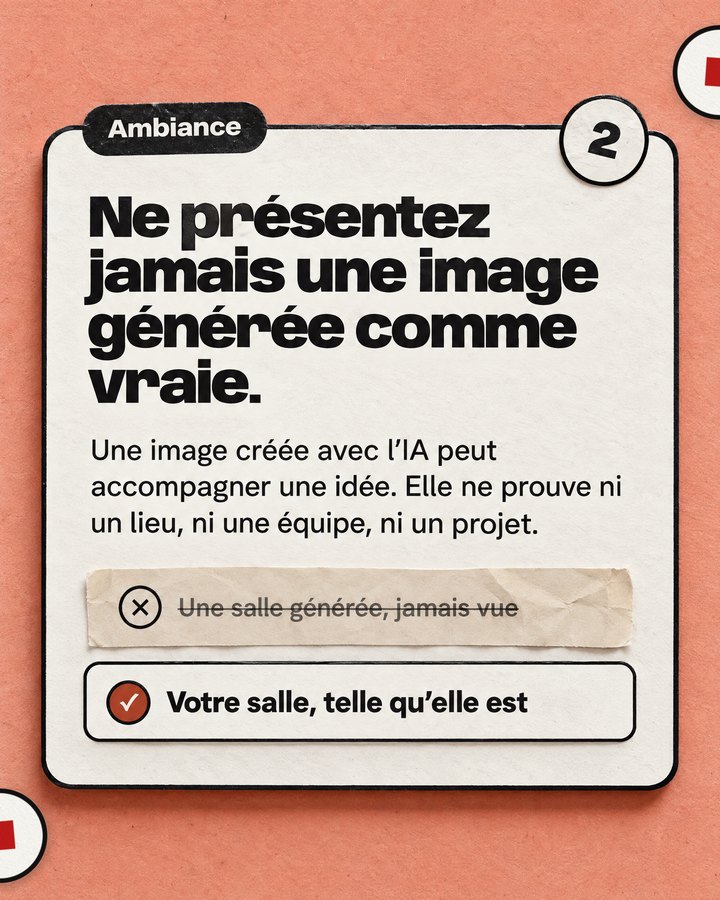 Ambiance. Ne présentez jamais une image générée comme vraie. Une image créée avec l’IA peut accompagner une idée. Elle ne prouve ni un lieu, ni une équipe, ni un projet. Barré : « Une salle générée, jamais vue ». Validé : « Votre salle, telle qu’elle est ».