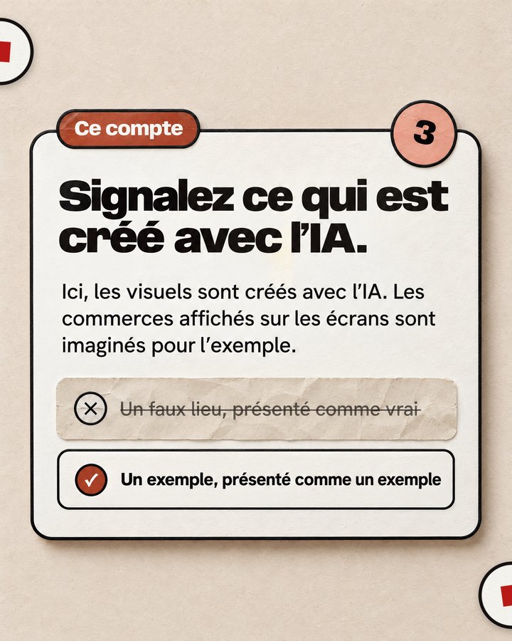 Ce compte. Signalez ce qui est créé avec l’IA. Ici, les visuels sont créés avec l’IA. Les commerces affichés sur les écrans sont imaginés pour l’exemple. Barré : « Un faux lieu, présenté comme vrai ». Validé : « Un exemple, présenté comme un exemple ».