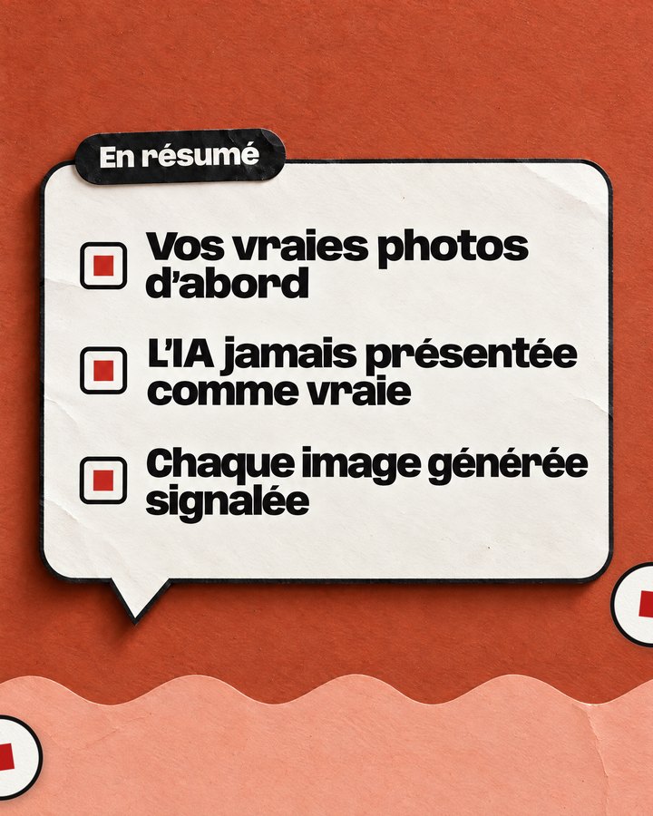 En résumé. Vos vraies photos d’abord. L’IA jamais présentée comme vraie. Chaque image générée signalée.