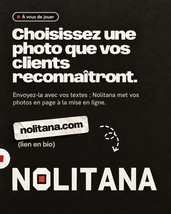 Choisissez une photo que vos clients reconnaîtront. Envoyez-la avec vos textes : Nolitana met vos photos en page à la mise en ligne. Lien : nolitana.com