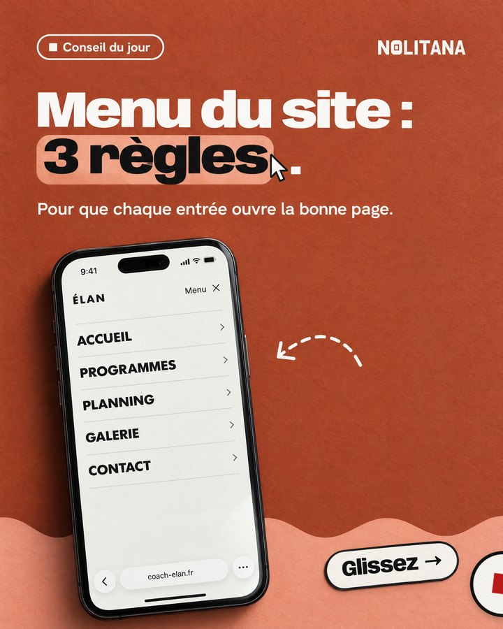 Menu du site : 3 règles. Pour que chaque entrée ouvre la bonne page. Un téléphone affiche le site d’un coach sportif imaginé pour l’exemple.