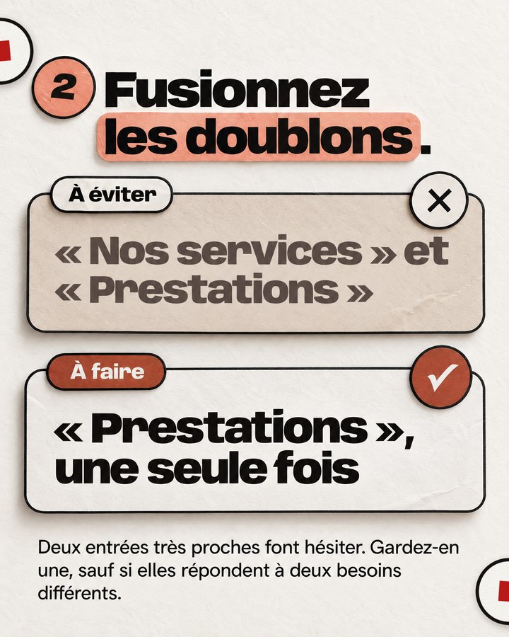 Fusionnez les doublons. Deux entrées très proches font hésiter. Gardez-en une, sauf si elles répondent à deux besoins différents. À éviter : « Nos services » et « Prestations ». À faire : « Prestations », une seule fois.