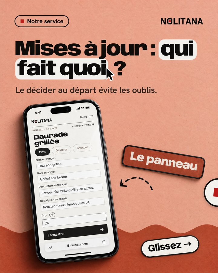 Mises à jour : qui fait quoi ? Le décider au départ évite les oublis. Un téléphone affiche le panneau de gestion Nolitana, ouvert sur un plat de la carte d’un bistrot imaginé pour l’exemple.