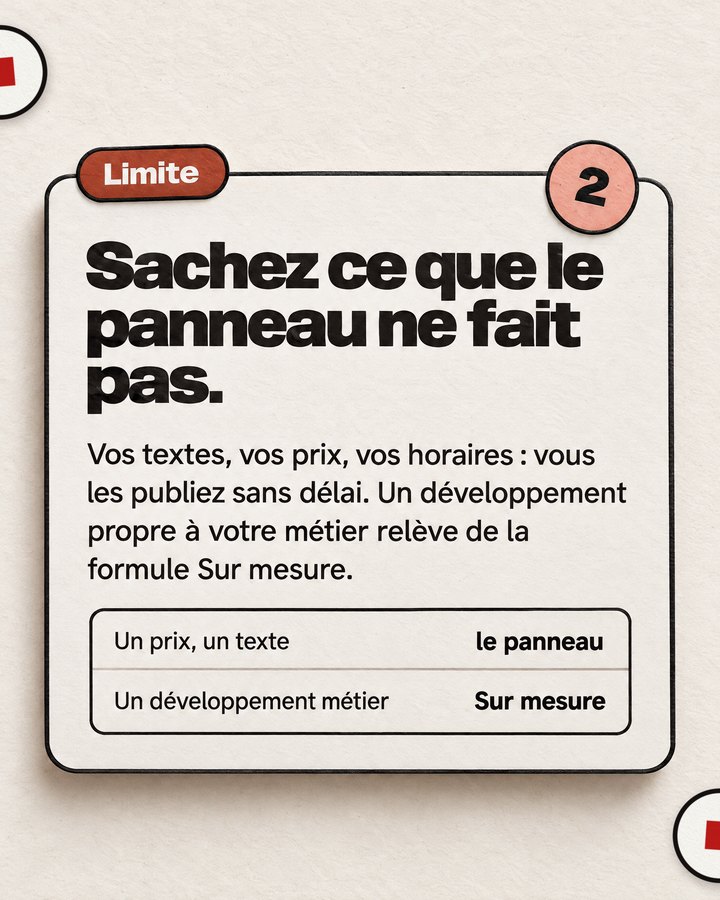 Limite. Sachez ce que le panneau ne fait pas. Vos textes, vos prix, vos horaires : vous les publiez sans délai. Un développement propre à votre métier relève de la formule Sur mesure.