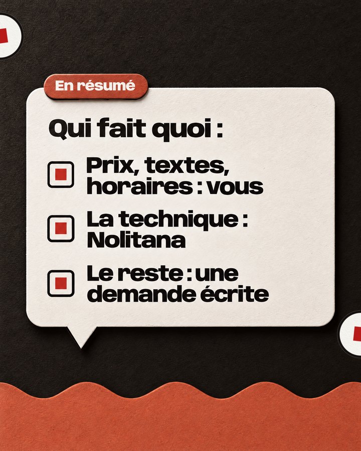 En résumé. Qui fait quoi : Prix, textes, horaires : vous. La technique : Nolitana. Le reste : une demande écrite.