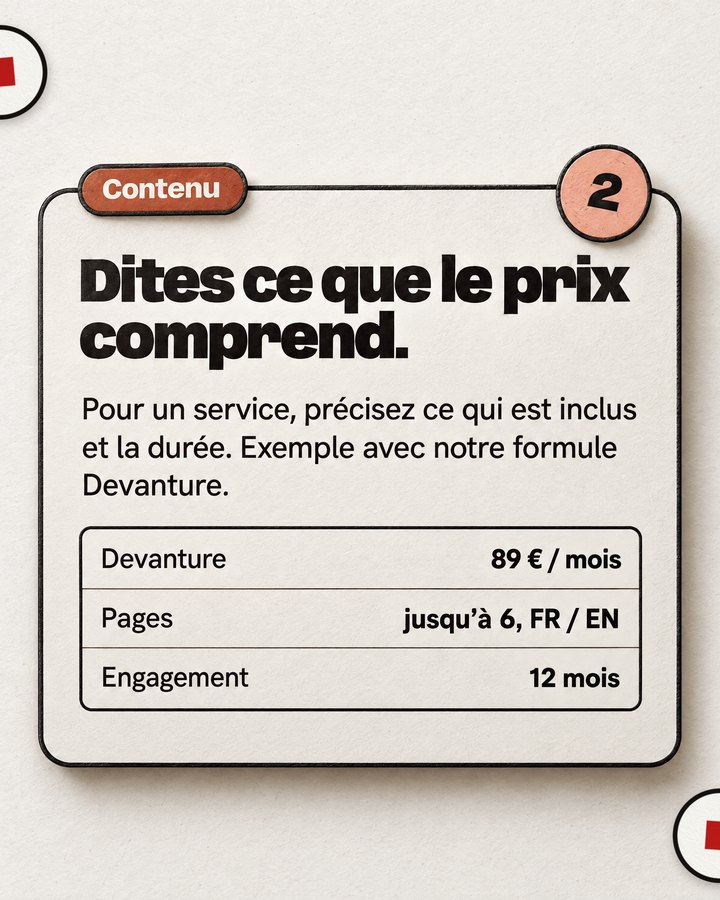 Contenu. Dites ce que le prix comprend. Pour un service, précisez ce qui est inclus et la durée. Exemple avec notre formule Devanture.