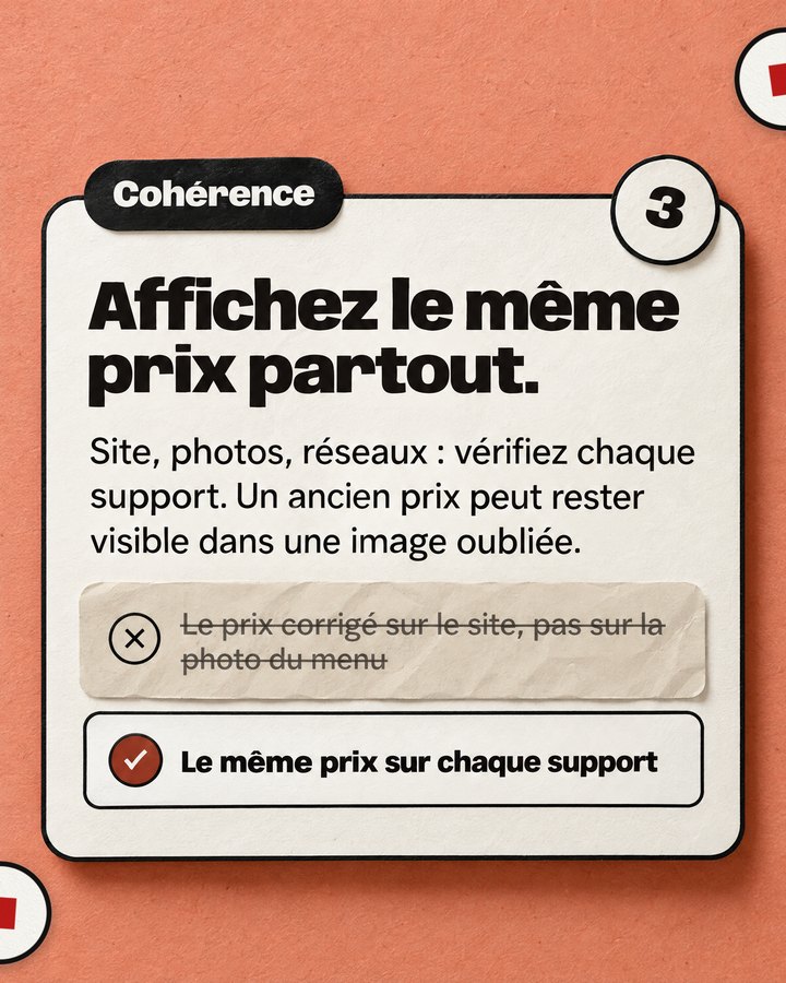 Cohérence. Affichez le même prix partout. Site, photos, réseaux : vérifiez chaque support. Un ancien prix peut rester visible dans une image oubliée. Barré : « Le prix corrigé sur le site, pas sur la photo du menu ». Validé : « Le même prix sur chaque support ».