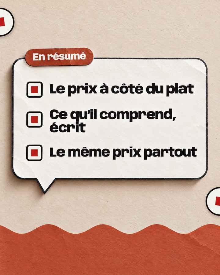 En résumé. Le prix à côté du plat. Ce qu’il comprend, écrit. Le même prix partout.