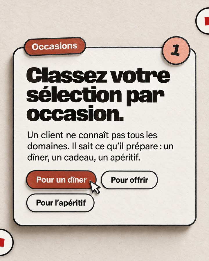 Occasions. Classez votre sélection par occasion. Un client ne connaît pas tous les domaines. Il sait ce qu’il prépare : un dîner, un cadeau, un apéritif.