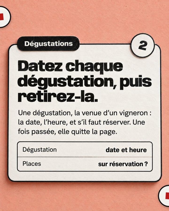 Dégustations. Datez chaque dégustation, puis retirez-la. Une dégustation, la venue d’un vigneron : la date, l’heure, et s’il faut réserver. Une fois passée, elle quitte la page.