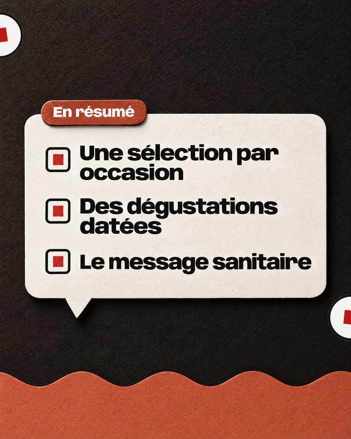 En résumé. Une sélection par occasion. Des dégustations datées. Le message sanitaire.