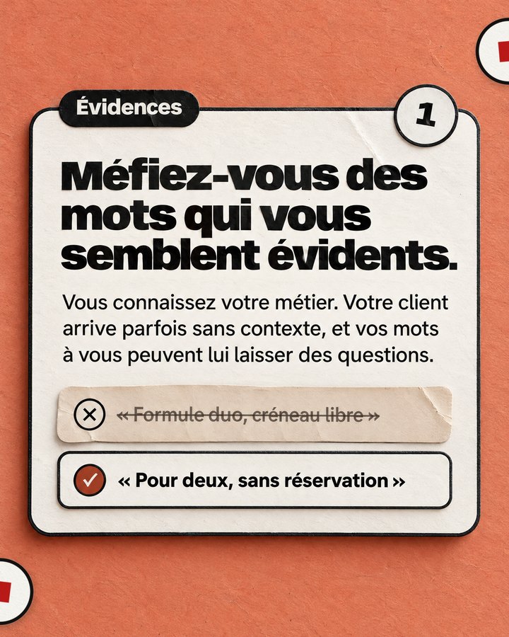 Évidences. Méfiez-vous des mots qui vous semblent évidents. Vous connaissez votre métier. Votre client arrive parfois sans contexte, et vos mots à vous peuvent lui laisser des questions. Barré : « Formule duo, créneau libre ». Validé : « Pour deux, sans réservation ».