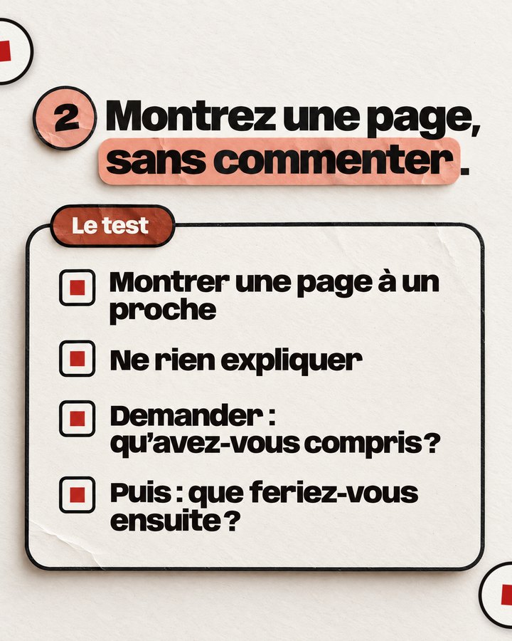 Montrez une page, sans commenter. Le test. Montrer une page à un proche. Ne rien expliquer. Demander : qu’avez-vous compris ? Puis : que feriez-vous ensuite ?