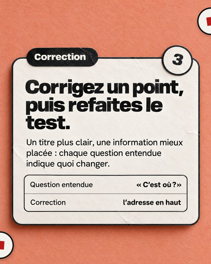 Correction. Corrigez un point, puis refaites le test. Un titre plus clair, une information mieux placée : chaque question entendue indique quoi changer.