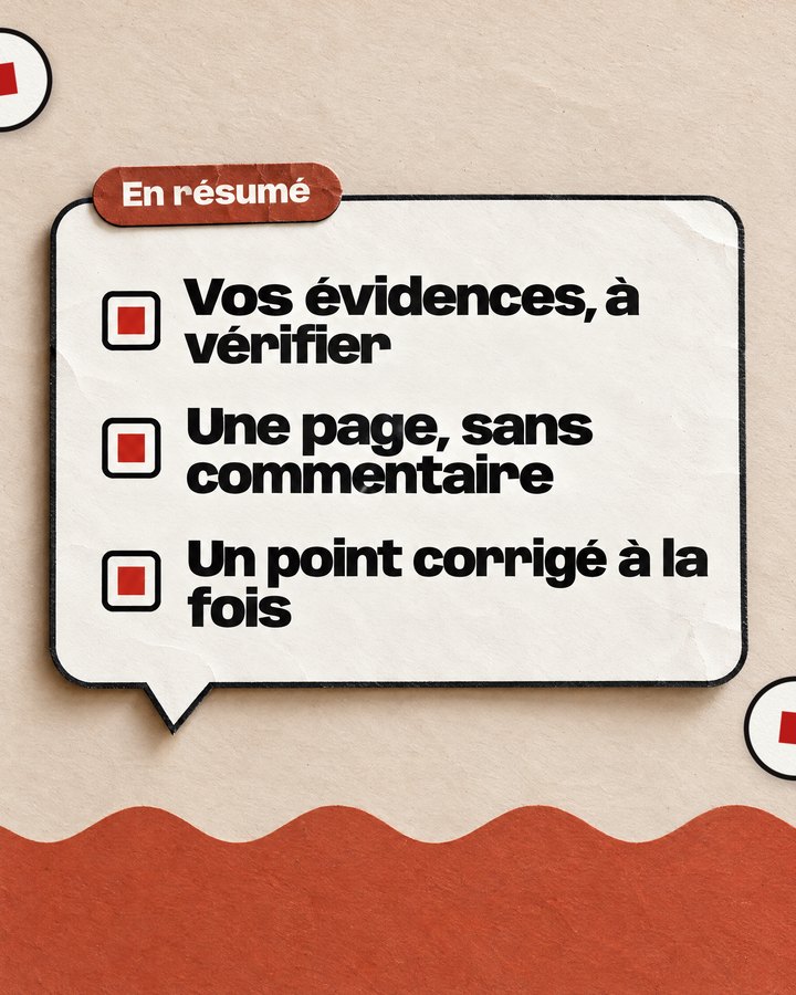 En résumé. Vos évidences, à vérifier. Une page, sans commentaire. Un point corrigé à la fois.