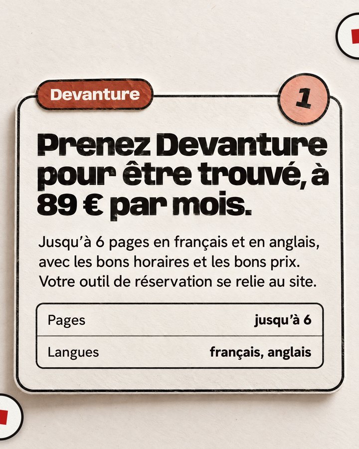 Devanture. Prenez Devanture pour être trouvé, à 89 € par mois. Jusqu’à 6 pages en français et en anglais, avec les bons horaires et les bons prix. Votre outil de réservation se relie au site.