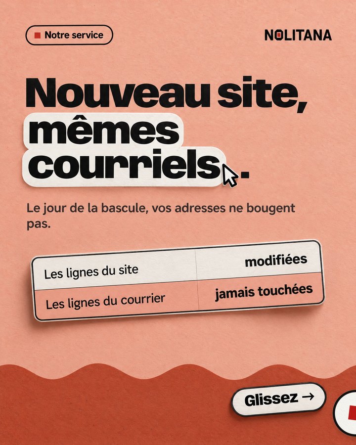 Nouveau site, mêmes courriels. Le jour de la bascule, vos adresses ne bougent pas.