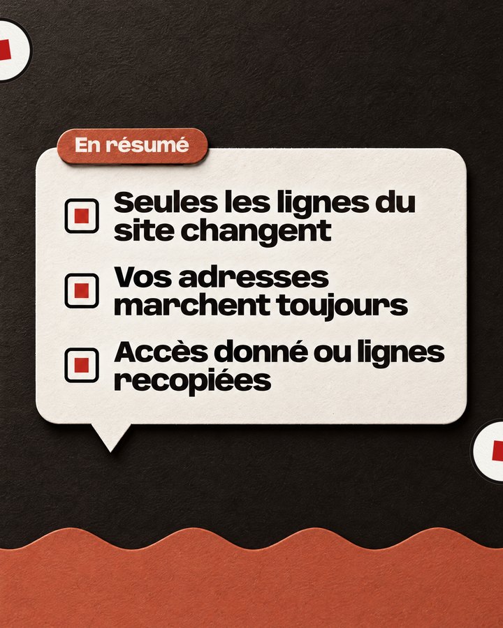 En résumé. Seules les lignes du site changent. Vos adresses marchent toujours. Accès donné ou lignes recopiées.