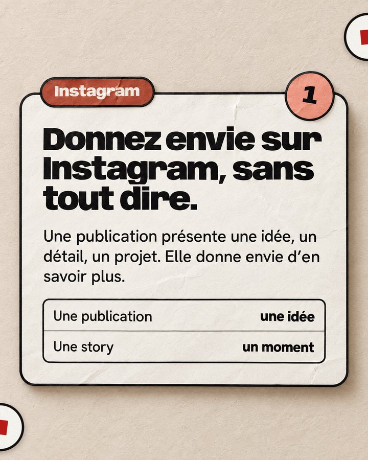 Instagram. Donnez envie sur Instagram, sans tout dire. Une publication présente une idée, un détail, un projet. Elle donne envie d’en savoir plus.