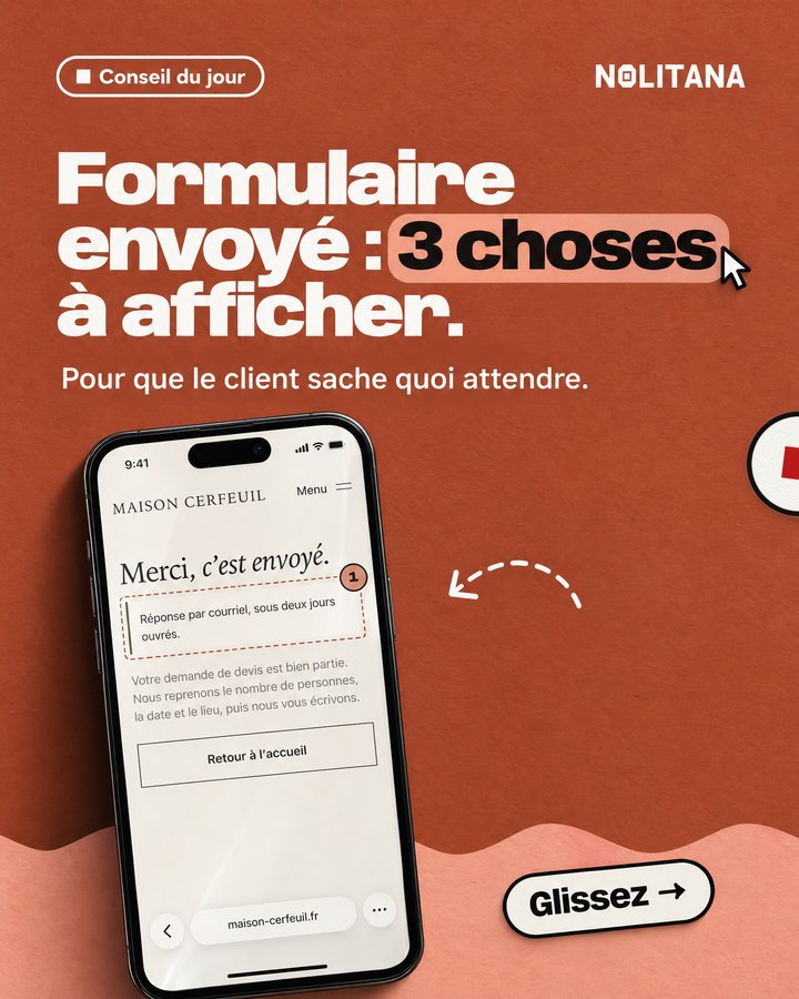 Formulaire envoyé : 3 choses à afficher. Pour que le client sache quoi attendre. Un téléphone affiche le site d’un traiteur imaginé pour l’exemple.