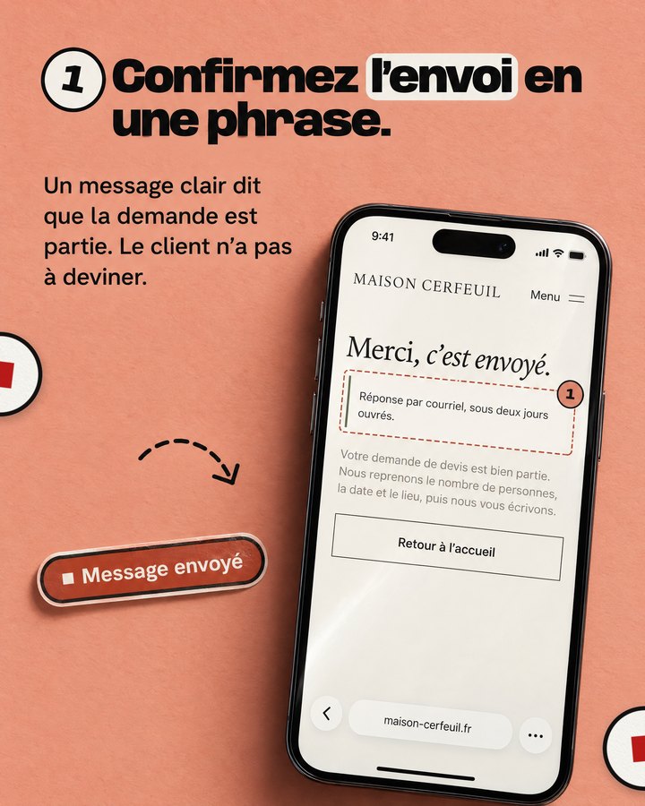 Confirmez l’envoi en une phrase. Un message clair dit que la demande est partie. Le client n’a pas à deviner. Un téléphone affiche le site d’un traiteur imaginé pour l’exemple.