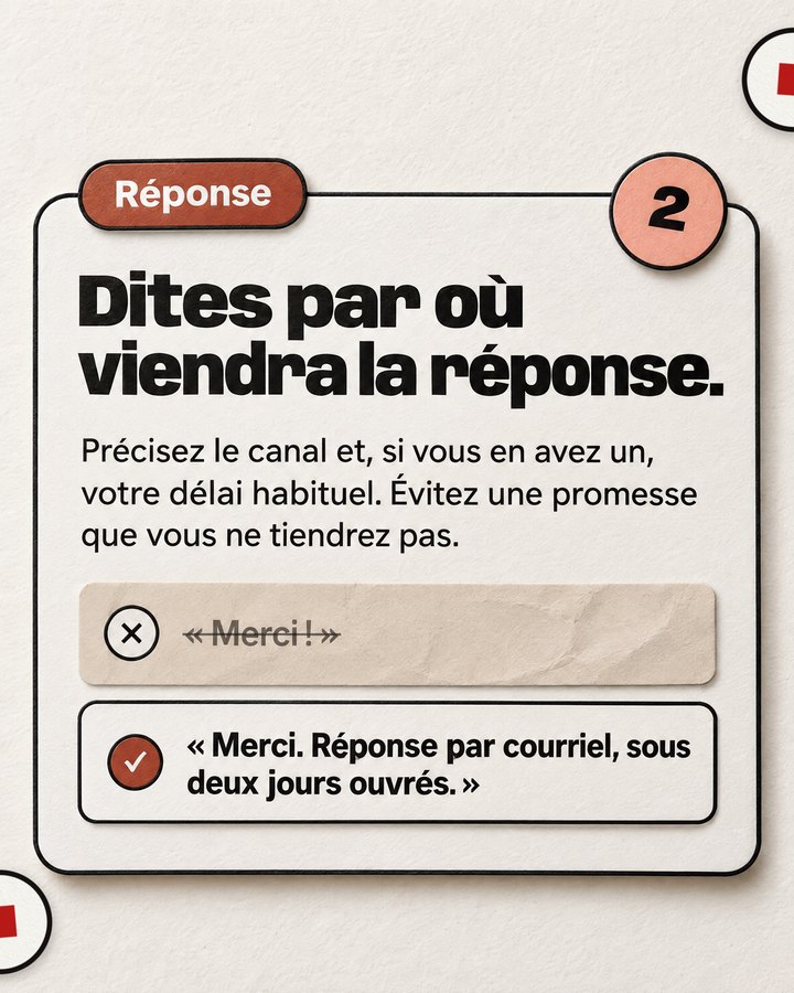 Réponse. Dites par où viendra la réponse. Précisez le canal et, si vous en avez un, votre délai habituel. Évitez une promesse que vous ne tiendrez pas. Barré : « Merci ! ». Validé : « Merci. Réponse par courriel, sous deux jours ouvrés. ».