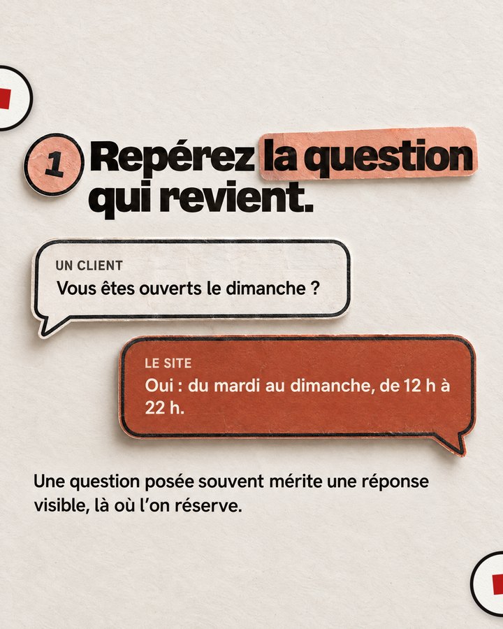 Repérez la question qui revient. Une question posée souvent mérite une réponse visible, là où l’on réserve. Vous êtes ouverts le dimanche ? Oui : du mardi au dimanche, de 12 h à 22 h.
