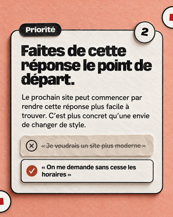 Priorité. Faites de cette réponse le point de départ. Le prochain site peut commencer par rendre cette réponse plus facile à trouver. C’est plus concret qu’une envie de changer de style. Barré : « Je voudrais un site plus moderne ». Validé : « On me demande sans cesse les horaires ».