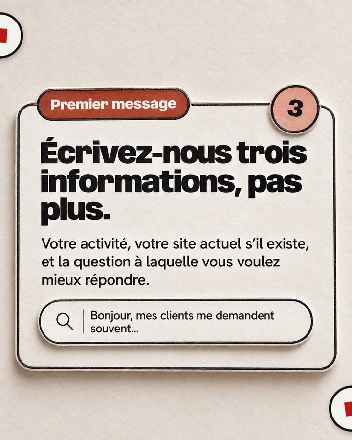 Premier message. Écrivez-nous trois informations, pas plus. Votre activité, votre site actuel s’il existe, et la question à laquelle vous voulez mieux répondre.
