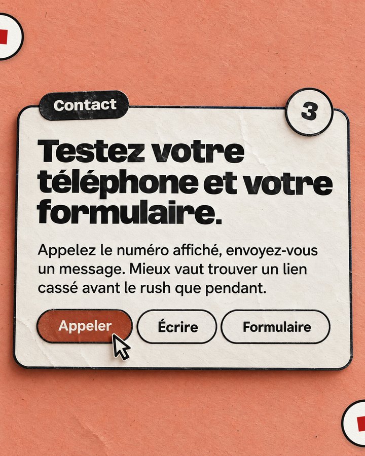 Contact. Testez votre téléphone et votre formulaire. Appelez le numéro affiché, envoyez-vous un message. Mieux vaut trouver un lien cassé avant le rush que pendant.