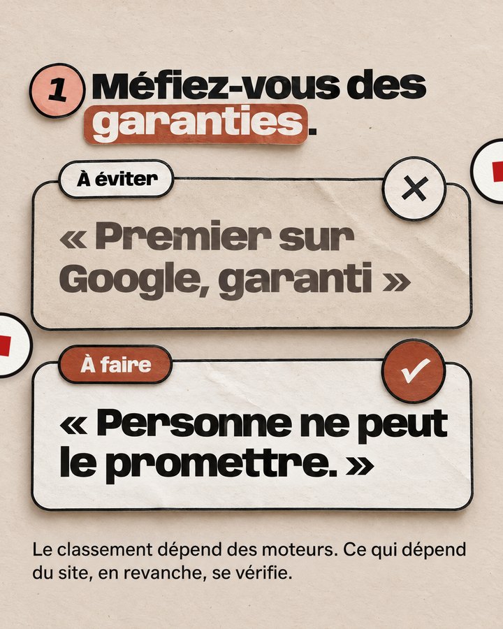 Méfiez-vous des garanties. Le classement dépend des moteurs. Ce qui dépend du site, en revanche, se vérifie. À éviter : « Premier sur Google, garanti ». À faire : « Personne ne peut le promettre. »