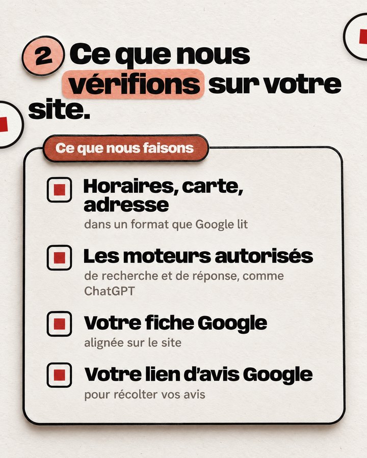 Ce que nous vérifions sur votre site. Ce que nous faisons. Horaires, carte, adresse — dans un format que Google lit. Les moteurs autorisés — de recherche et de réponse, comme ChatGPT. Votre fiche Google — alignée sur le site. Votre lien d’avis Google — pour récolter vos avis.