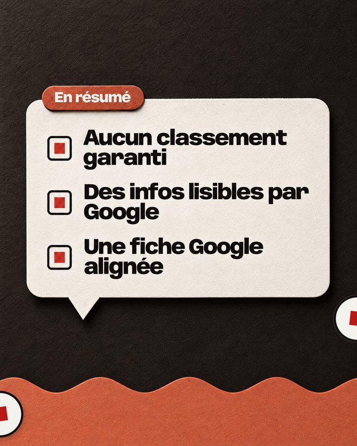 En résumé. Aucun classement garanti. Des infos lisibles par Google. Une fiche Google alignée.