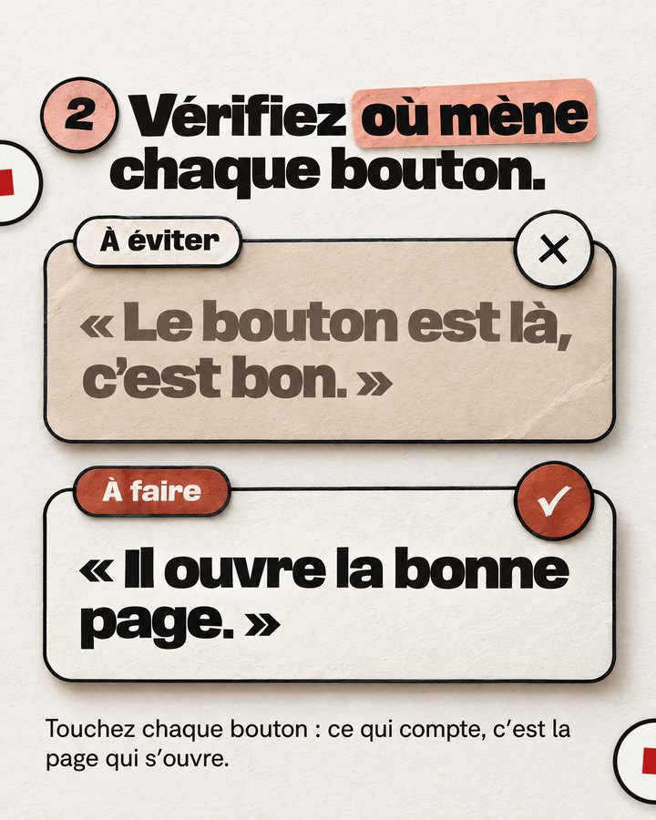 Vérifiez où mène chaque bouton. Touchez chaque bouton : ce qui compte, c’est la page qui s’ouvre. À éviter : « Le bouton est là, c’est bon. » À faire : « Il ouvre la bonne page. »