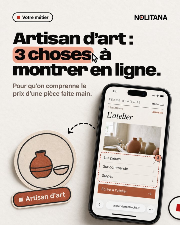 Artisan d’art : 3 choses à montrer en ligne. Pour qu’on comprenne le prix d’une pièce faite main. Un téléphone affiche le site d’un atelier de céramique imaginé pour l’exemple.