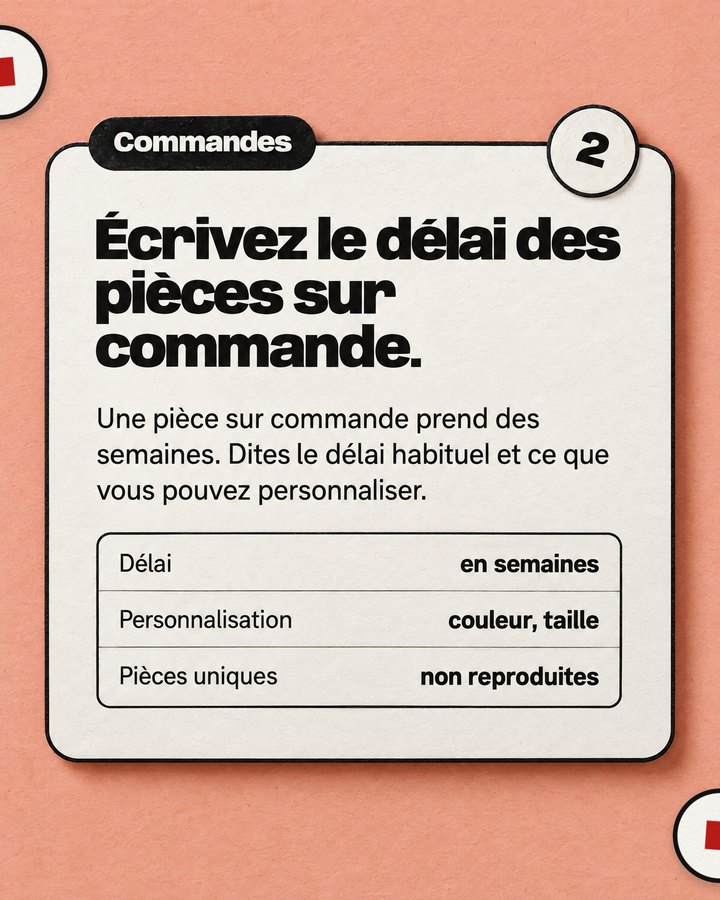 Commandes. Écrivez le délai des pièces sur commande. Une pièce sur commande prend des semaines. Dites le délai habituel et ce que vous pouvez personnaliser.