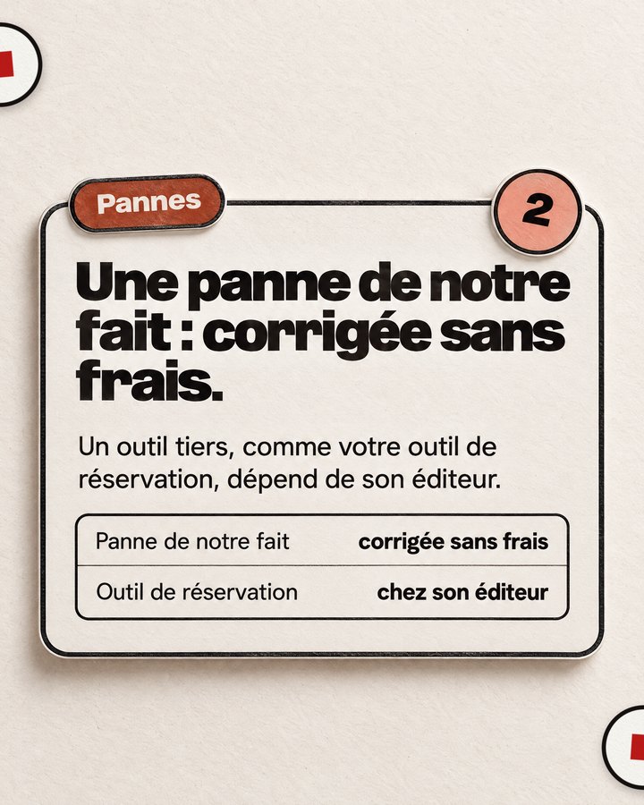 Pannes. Une panne de notre fait : corrigée sans frais. Un outil tiers, comme votre outil de réservation, dépend de son éditeur.