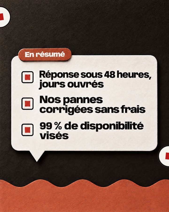 En résumé. Réponse sous 48 heures, jours ouvrés. Nos pannes corrigées sans frais. 99 % de disponibilité visés.