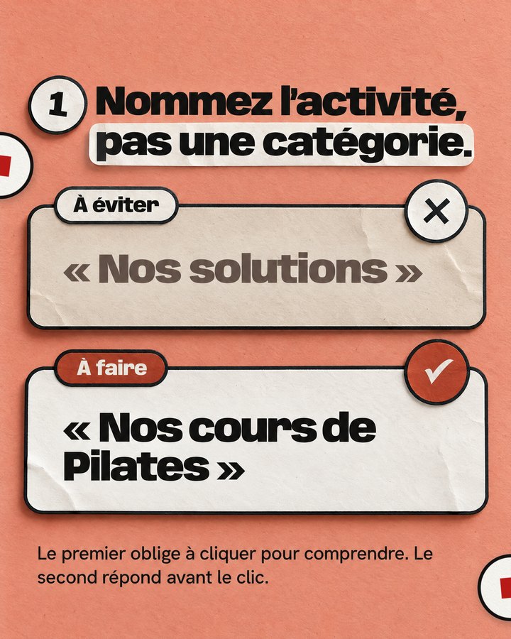 Nommez l’activité, pas une catégorie. Le premier oblige à cliquer pour comprendre. Le second répond avant le clic. À éviter : « Nos solutions ». À faire : « Nos cours de Pilates ».