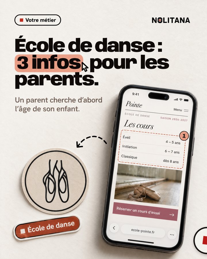 École de danse : 3 infos pour les parents. Un parent cherche d’abord l’âge de son enfant. Un téléphone affiche le site d’une école de danse imaginée pour l’exemple.