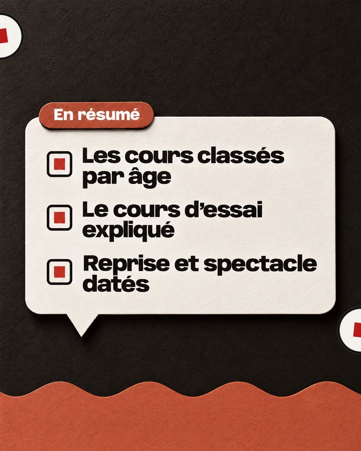 En résumé. Les cours classés par âge. Le cours d’essai expliqué. Reprise et spectacle datés.