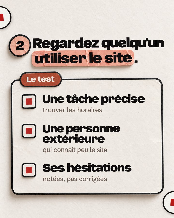 Regardez quelqu’un utiliser le site. Le test. Une tâche précise — trouver les horaires. Une personne extérieure — qui connaît peu le site. Ses hésitations — notées, pas corrigées.