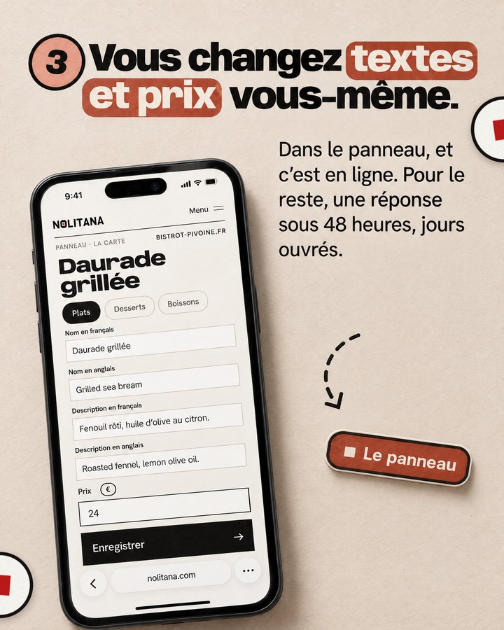 Vous changez textes et prix vous-même. Dans le panneau, et c’est en ligne. Pour le reste, une réponse sous 48 heures, jours ouvrés. Un téléphone affiche le panneau de gestion Nolitana, ouvert sur un plat de la carte d’un bistrot imaginé pour l’exemple.